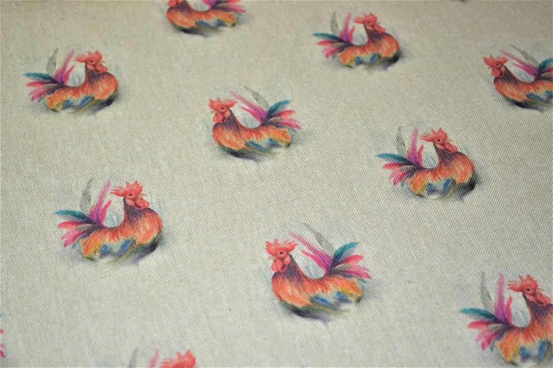 Natural Rooster Print Canvas Fabric