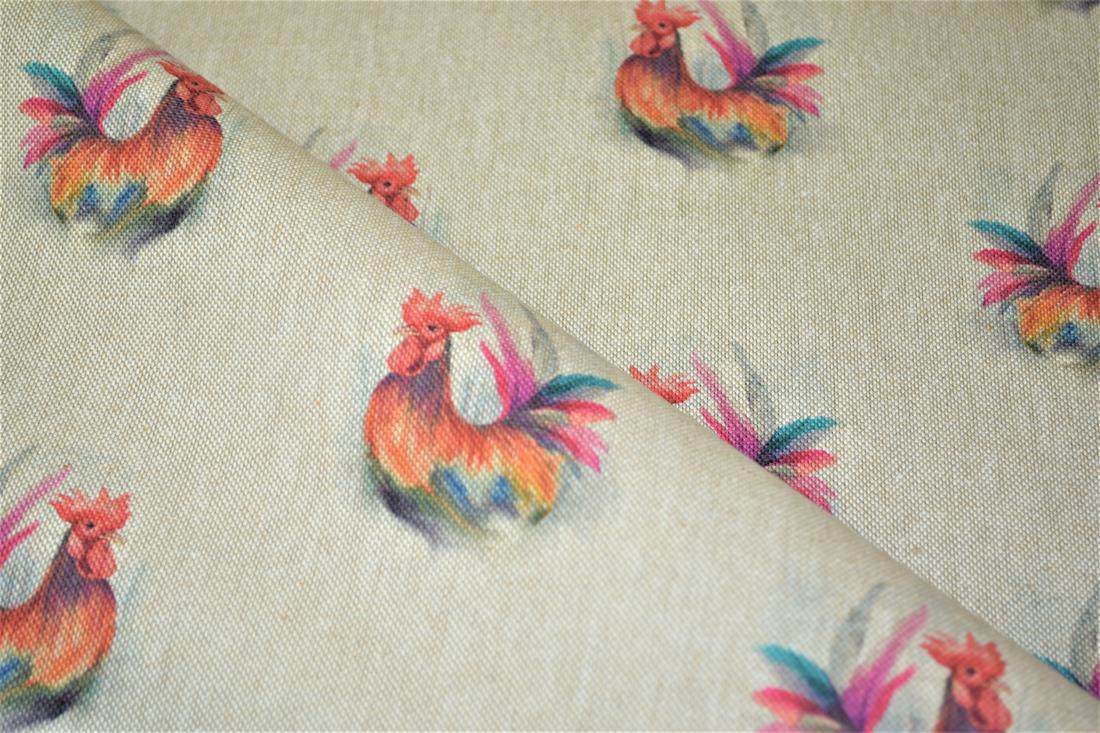 Natural Rooster Print Canvas Fabric