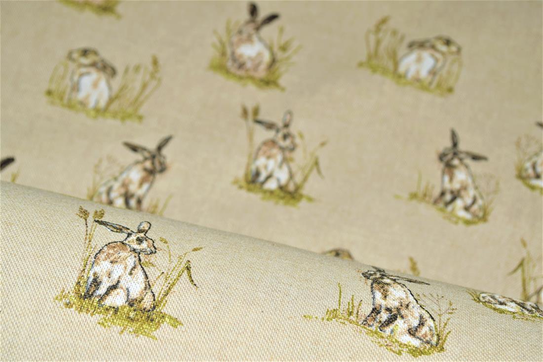 Natural Linen Hares Printed Canvas Fabric