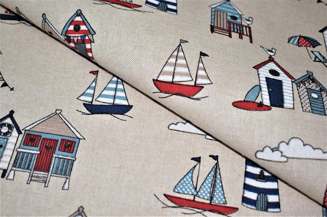Natural Beach Huts Printed Digital Canvas Fabric