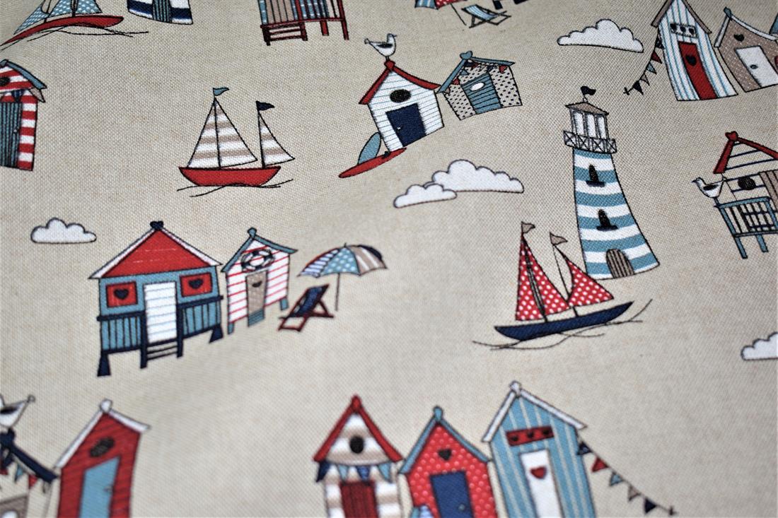 Natural Beach Huts Printed Digital Canvas Fabric