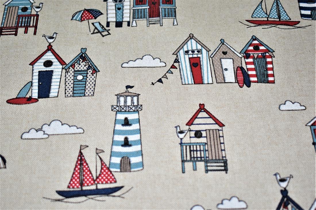 Natural Beach Huts Printed Digital Canvas Fabric
