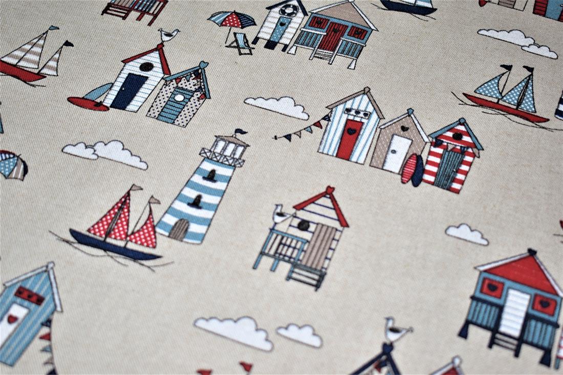 Natural Beach Huts Printed Digital Canvas Fabric