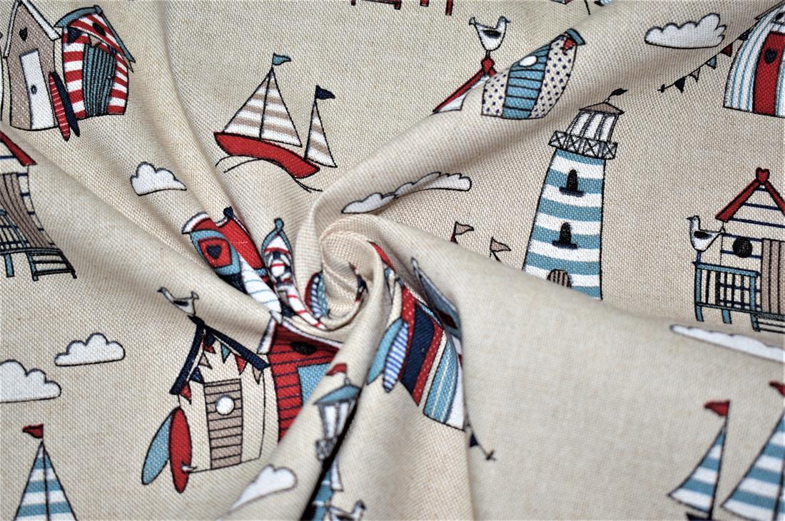 Natural Beach Huts Printed Digital Canvas Fabric