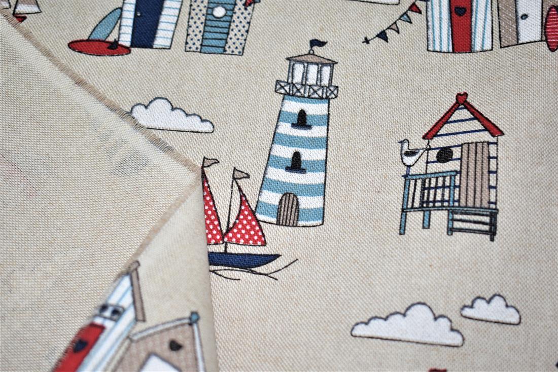 Natural Beach Huts Printed Digital Canvas Fabric