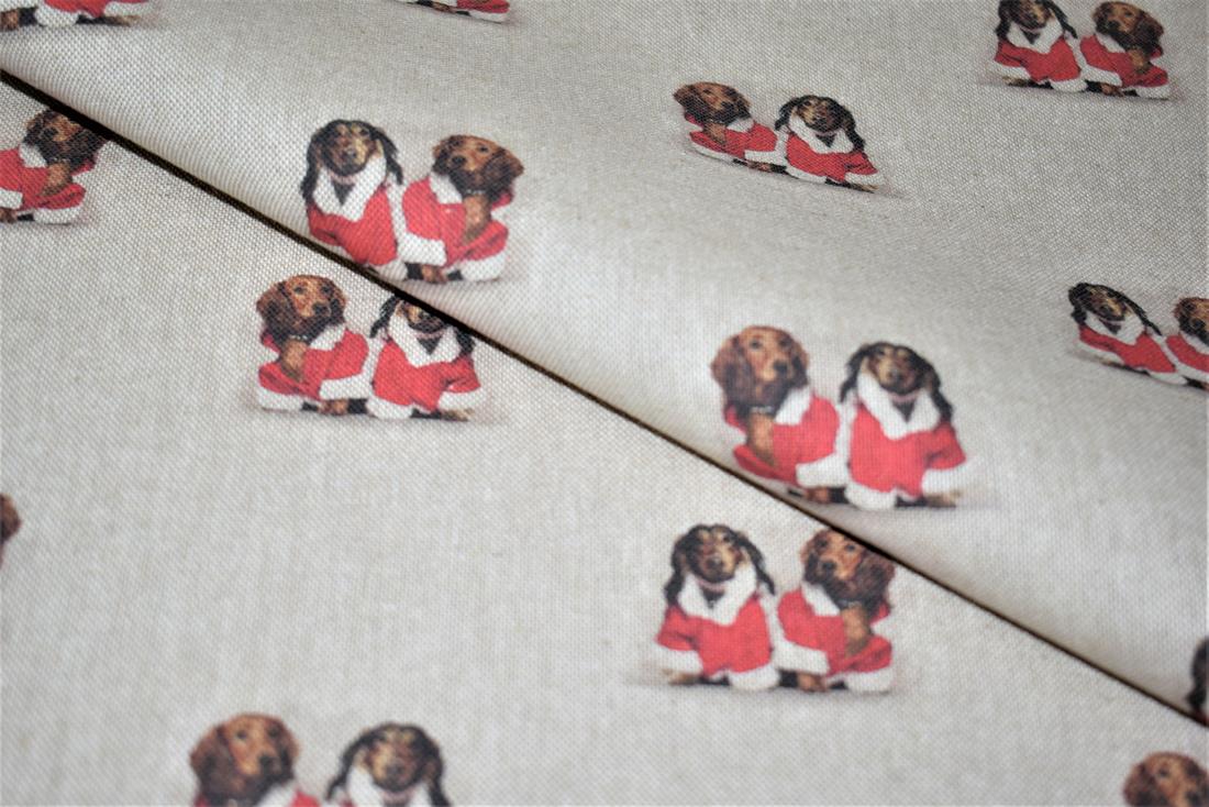 Natural Christmas Dachshunds Printed Digital Canvas Fabric