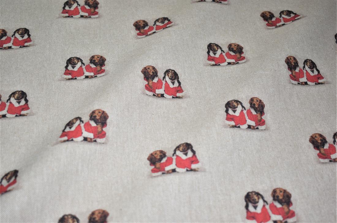 Natural Christmas Dachshunds Printed Digital Canvas Fabric