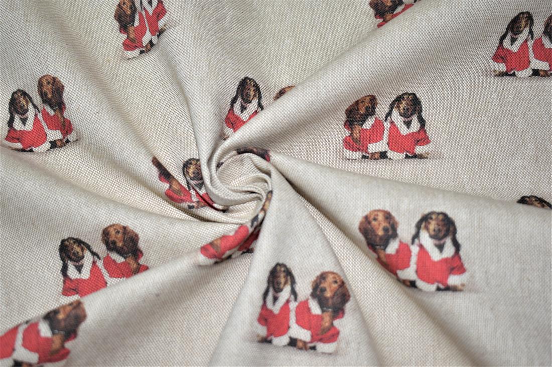 Natural Christmas Dachshunds Printed Digital Canvas Fabric