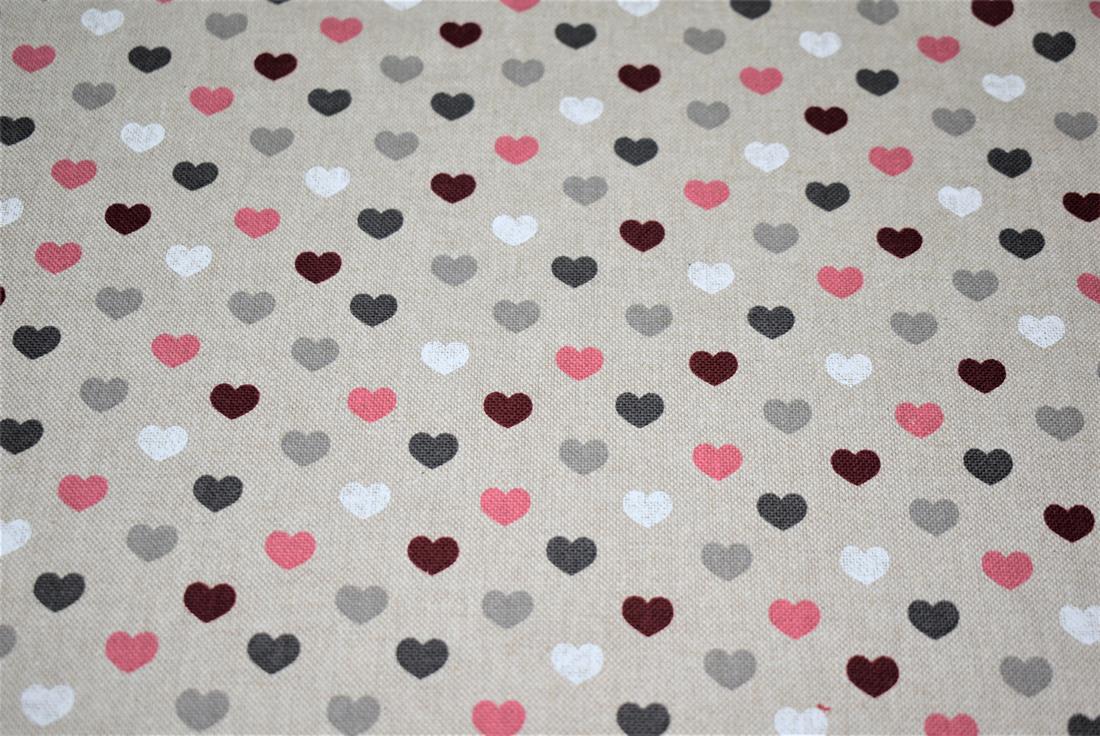 Natural Printed Canvas Fabric, Heart Design