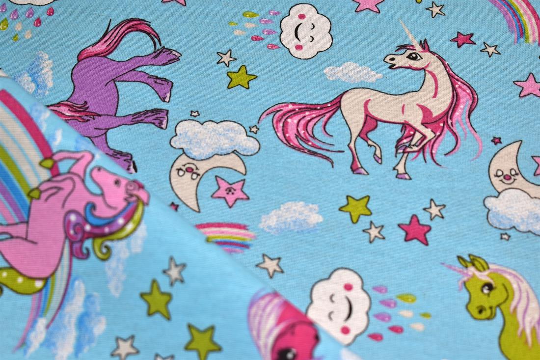 Blue Rainbow/ Unicorn Printed Digital Canvas Fabric