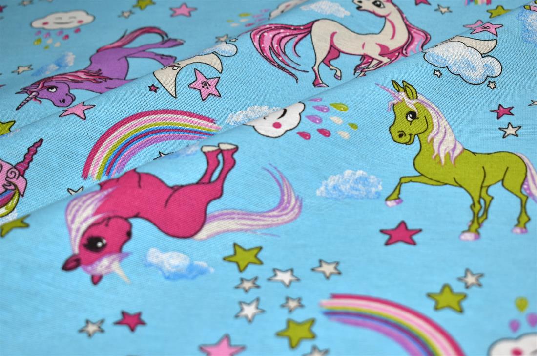 Blue Rainbow/ Unicorn Printed Digital Canvas Fabric