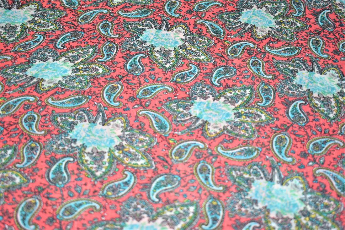 Tomato Red Printed Quality Chiffon, Flower Print