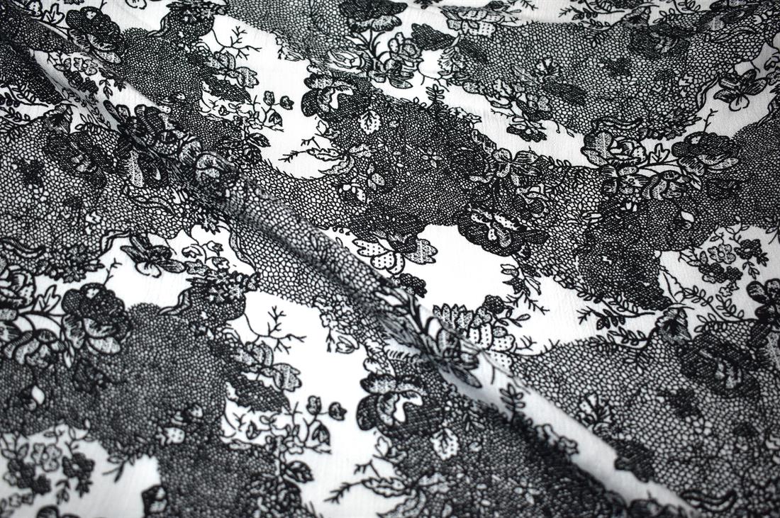 Black Printed Quality Medium Weight Chiffon, Flower Print