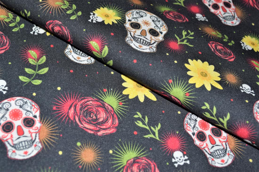Black Sugar Skull Printed 100% Cotton Crafty Cottons Digitally
