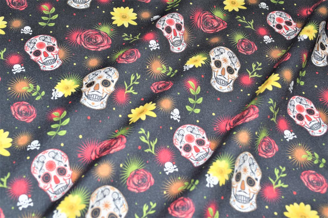 Black Sugar Skull Printed 100% Cotton Crafty Cottons Digitally
