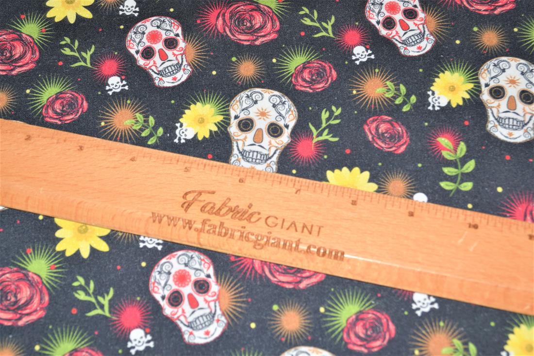 Black Sugar Skull Printed 100% Cotton Crafty Cottons Digitally