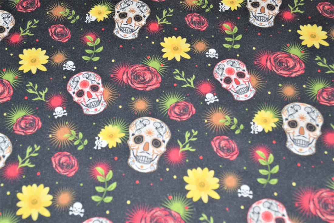 Black Sugar Skull Printed 100% Cotton Crafty Cottons Digitally