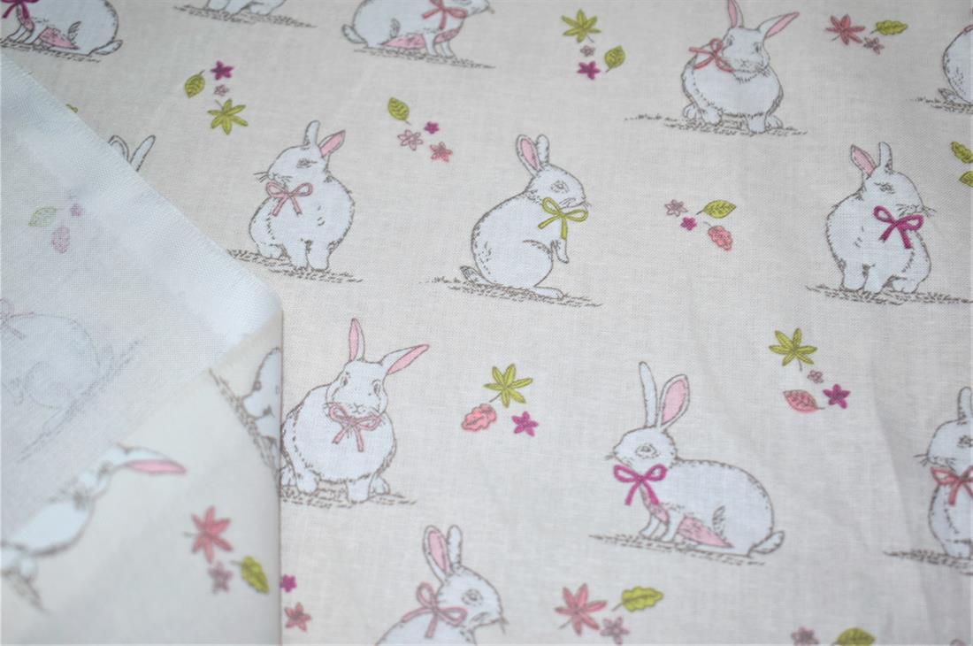 Woodland Bunnies Printed 100% Cotton, Bunny Fabric