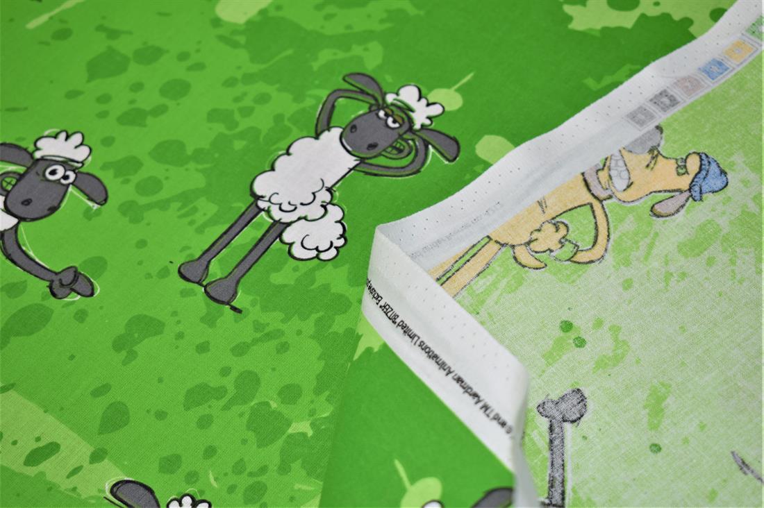Green Shaun The Sheep Design Cotton Poplin Fabric