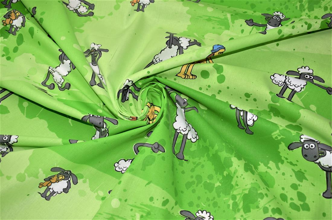 Green Shaun The Sheep Design Cotton Poplin Fabric