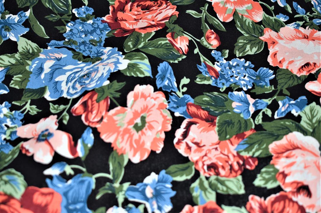 Black Digital Printed 100% Cotton, Flower Clearance Stock