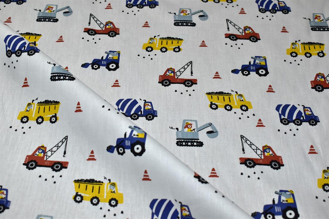 White Animal Construction Site Cotton Poplin
