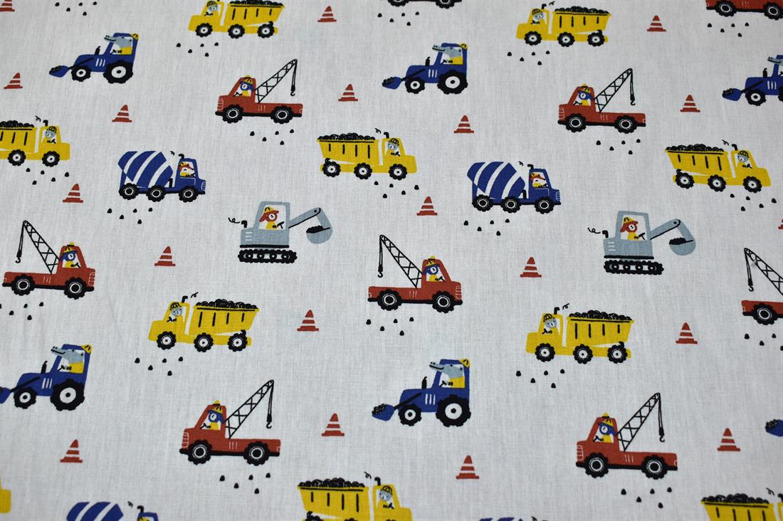 White Animal Construction Site Cotton Poplin