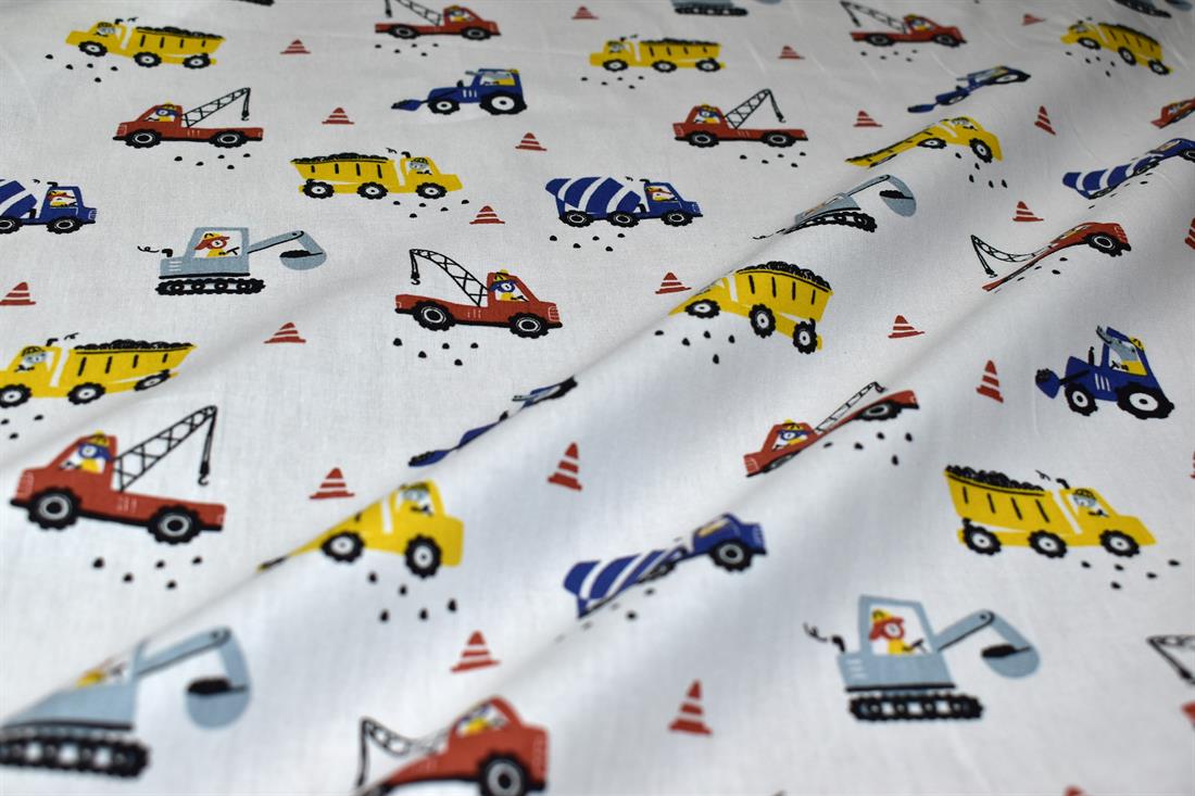 White Animal Construction Site Cotton Poplin