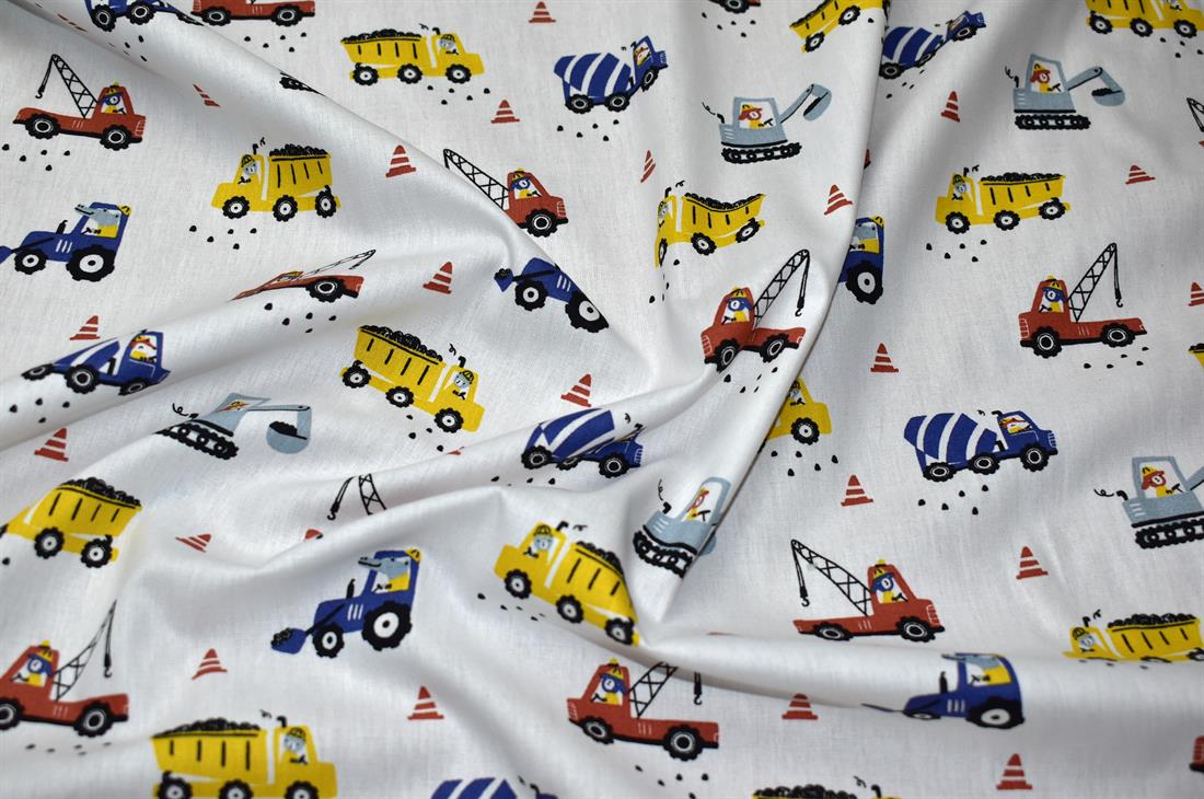 White Animal Construction Site Cotton Poplin