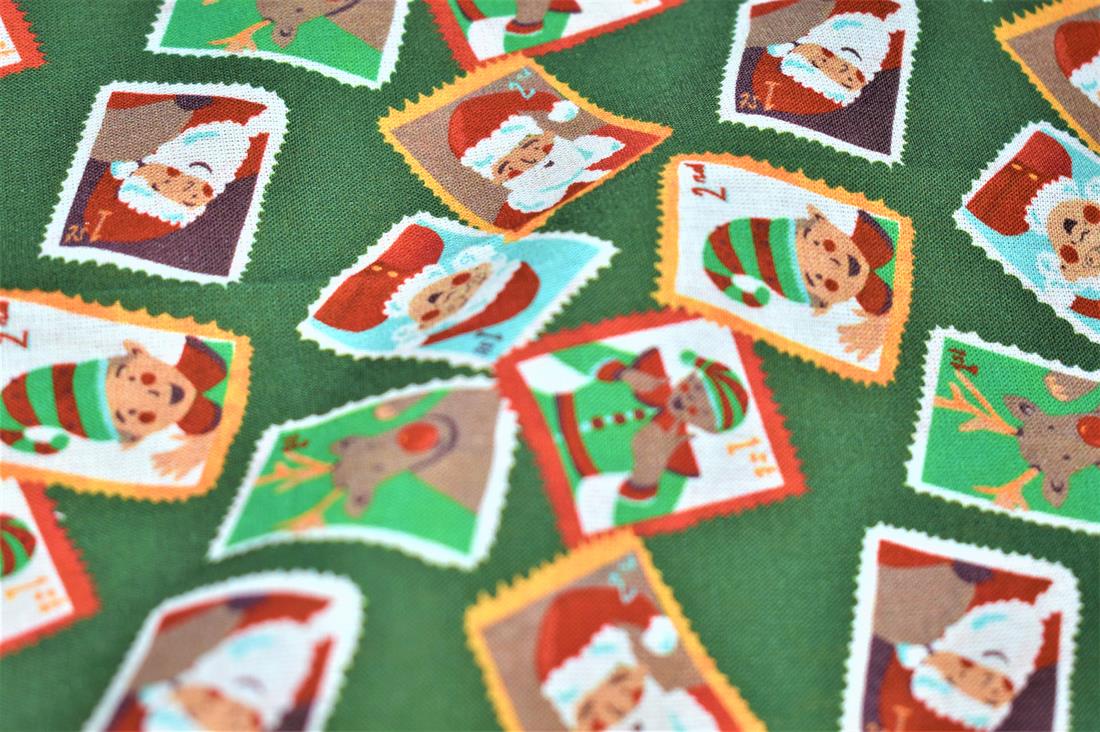 Little Johnny Santas Stamps Cotton Signed Christmas Fabric