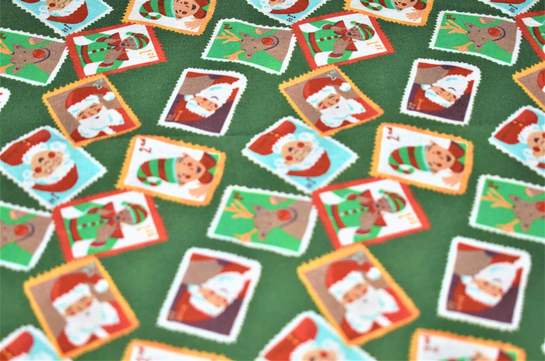 Little Johnny Santas Stamps Cotton Signed Christmas Fabric