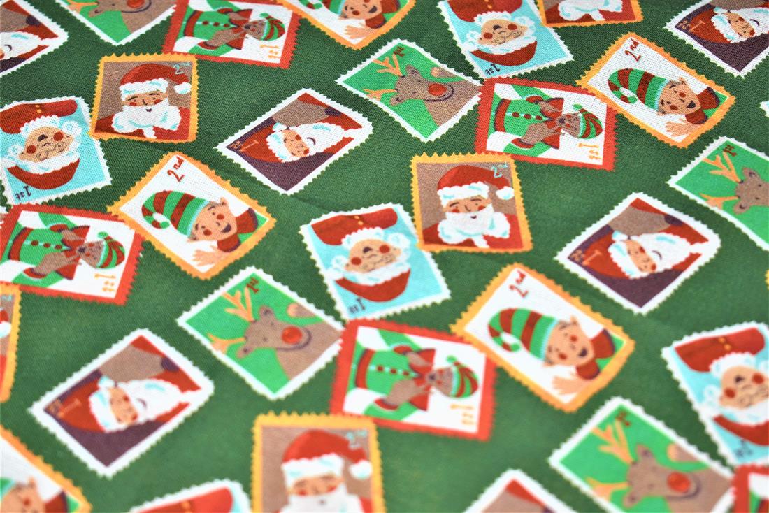 Little Johnny Santas Stamps Cotton Signed Christmas Fabric