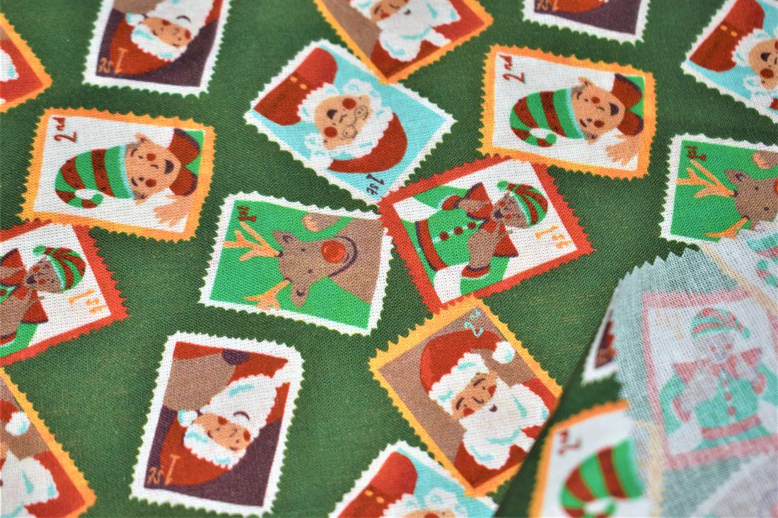 Little Johnny Santas Stamps Cotton Signed Christmas Fabric