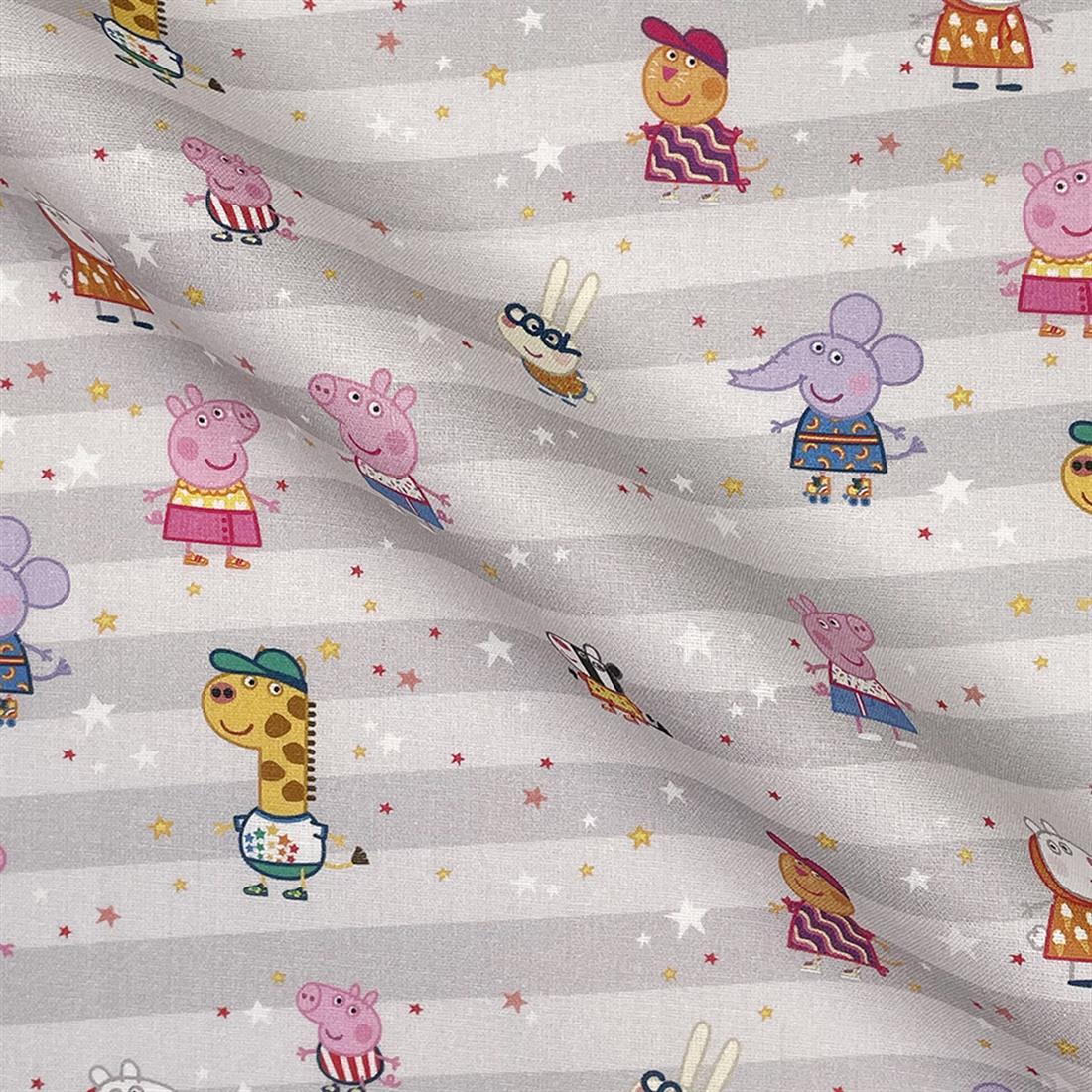 Light Grey Peppa Pig Printed 100% Cotton Fabric