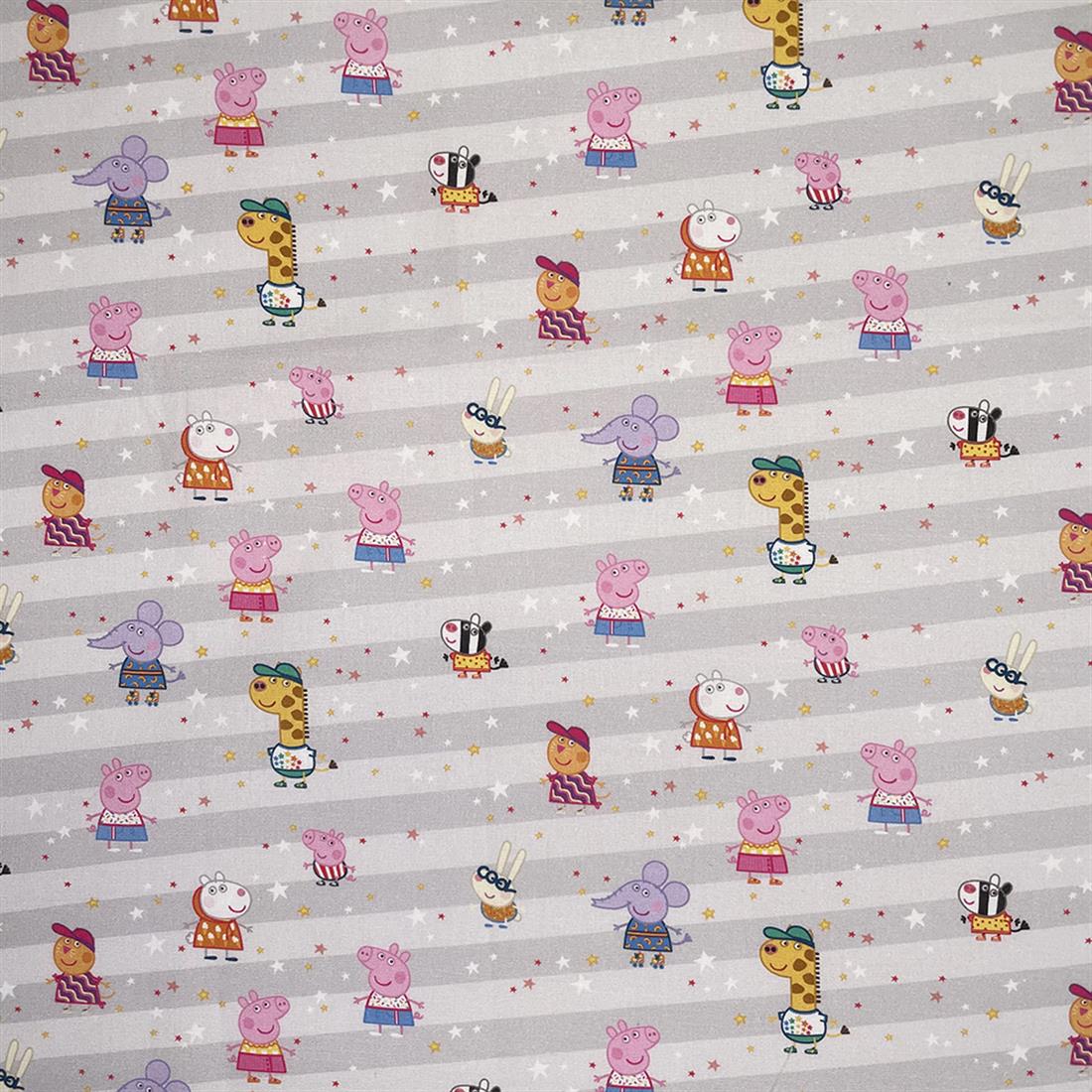 Light Grey Peppa Pig Printed 100% Cotton Fabric