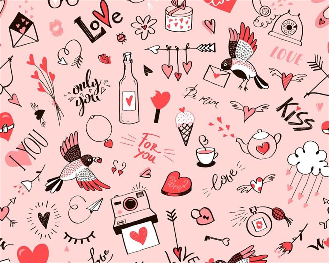 Pink Doodle Love Digita 100% Cotton Printed Fabric