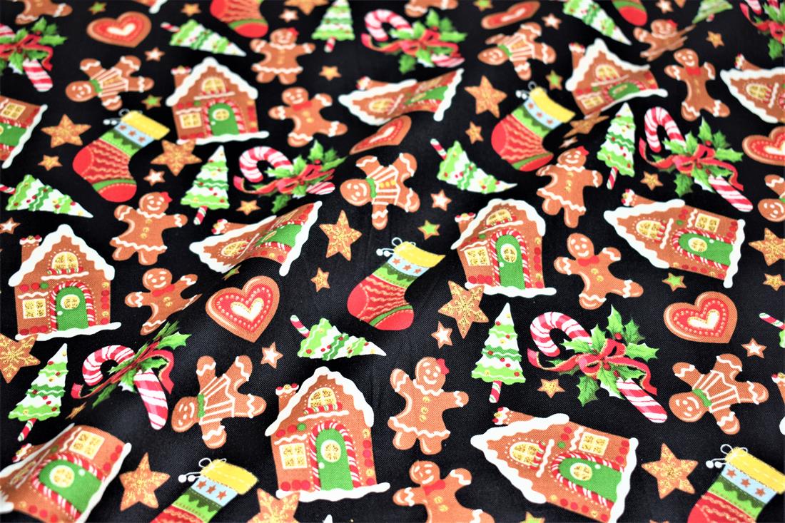 Black Printed Christmas 100% Cotton Fabric