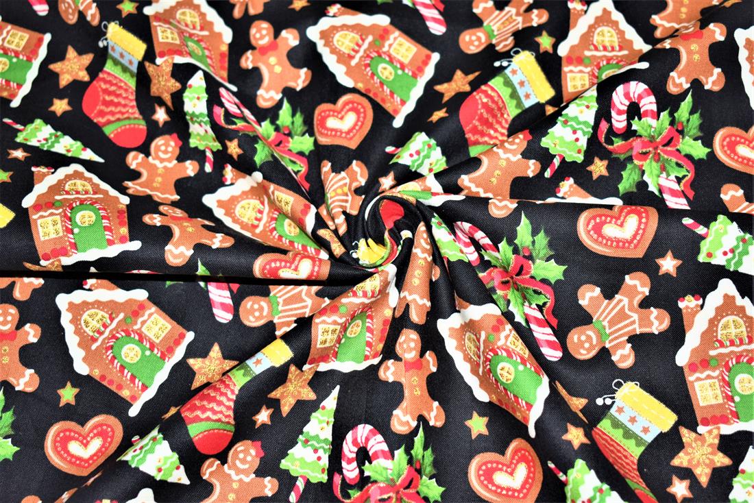 Black Printed Christmas 100% Cotton Fabric
