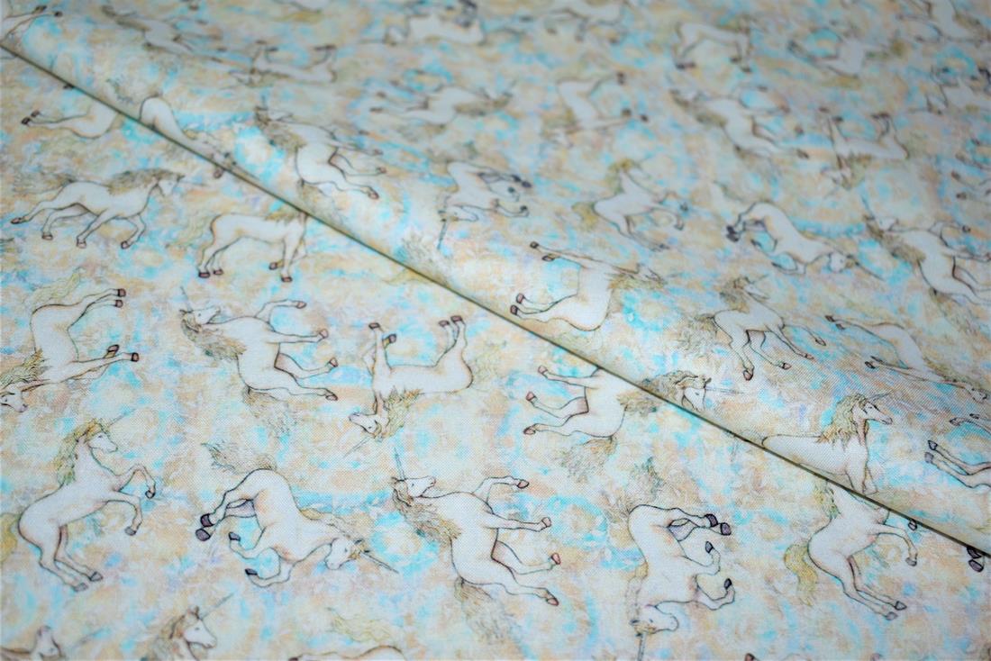 Beige & Blue Printed 100% Cotton Fabric
