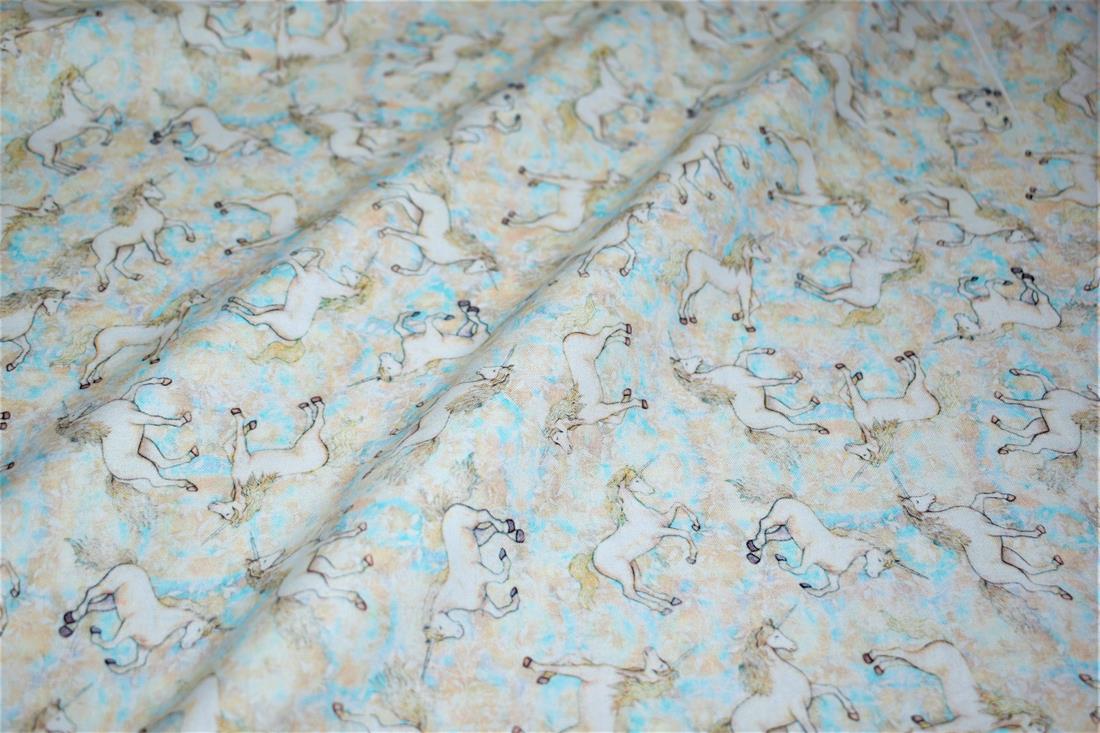 Beige & Blue Printed 100% Cotton Fabric