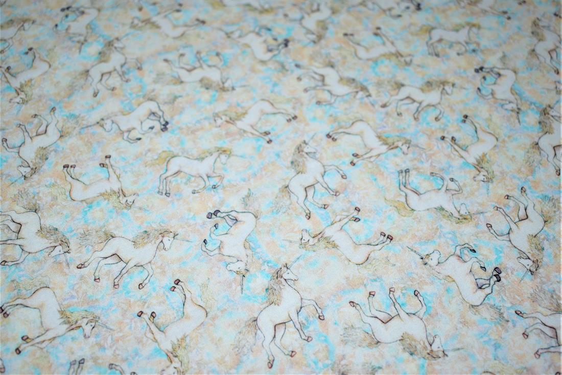 Beige & Blue Printed 100% Cotton Fabric