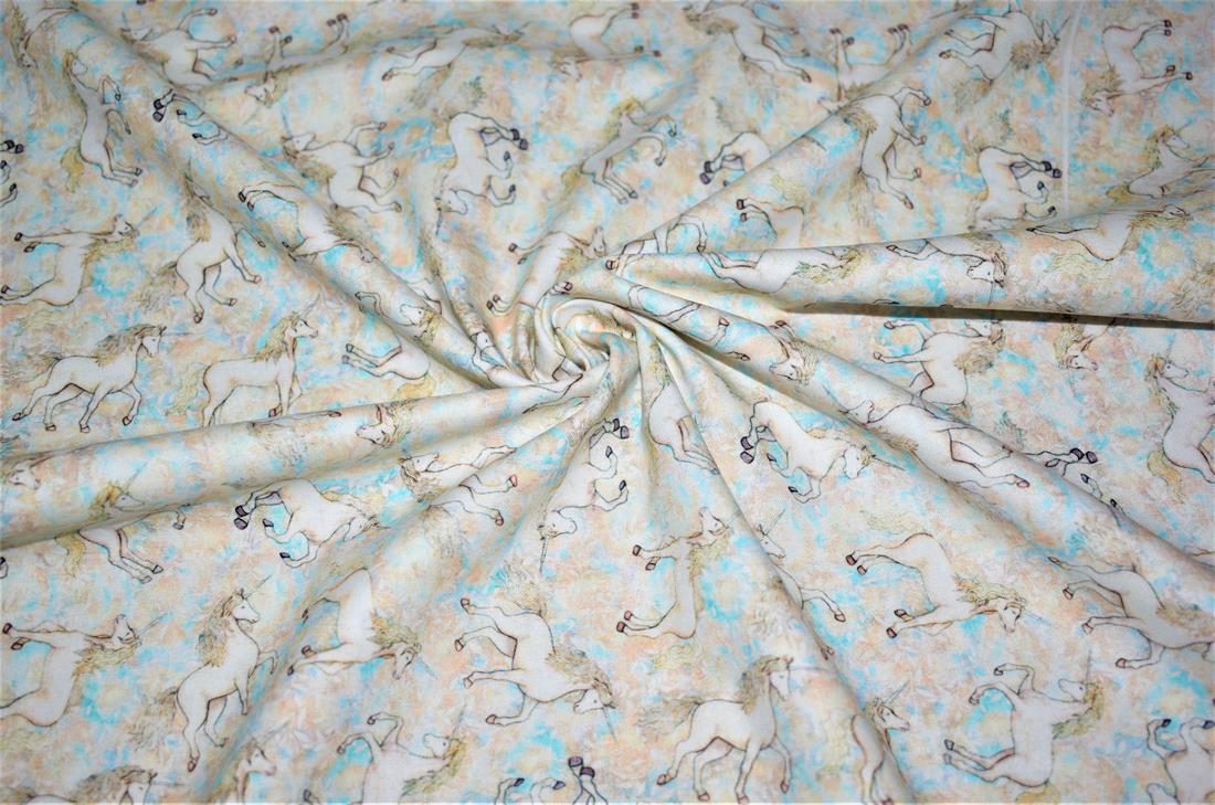 Beige & Blue Printed 100% Cotton Fabric