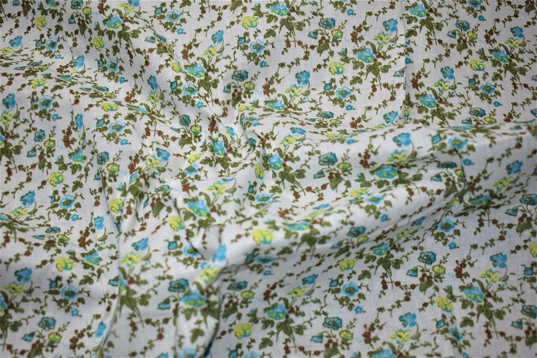 White & Green Flower Printed 100% Cotton Poplin Fabric