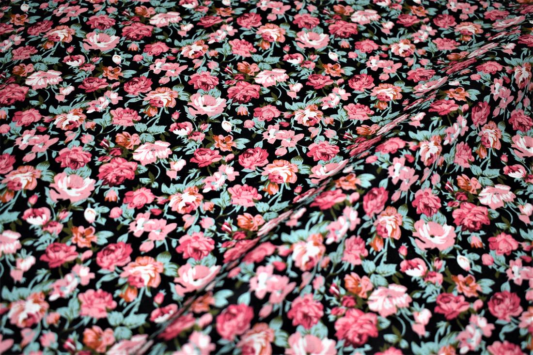 Black Flower Print Cotton Poplin Fabric