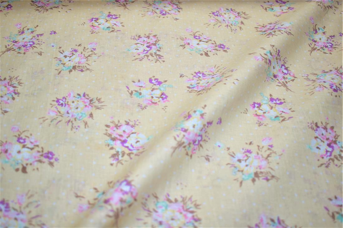 Beige Flower Print Cotton Poplin Fabric