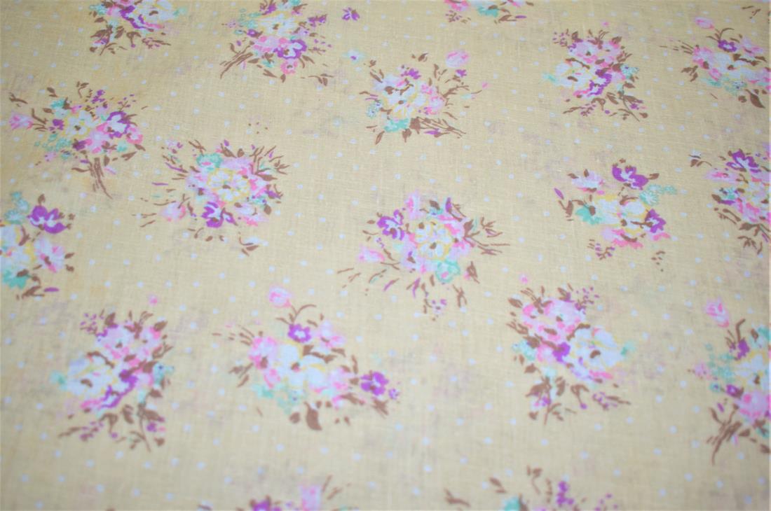 Beige Flower Print Cotton Poplin Fabric
