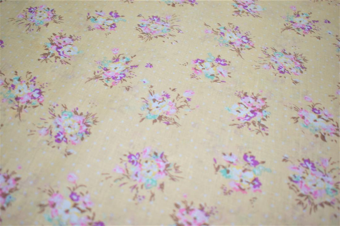 Beige Flower Print Cotton Poplin Fabric