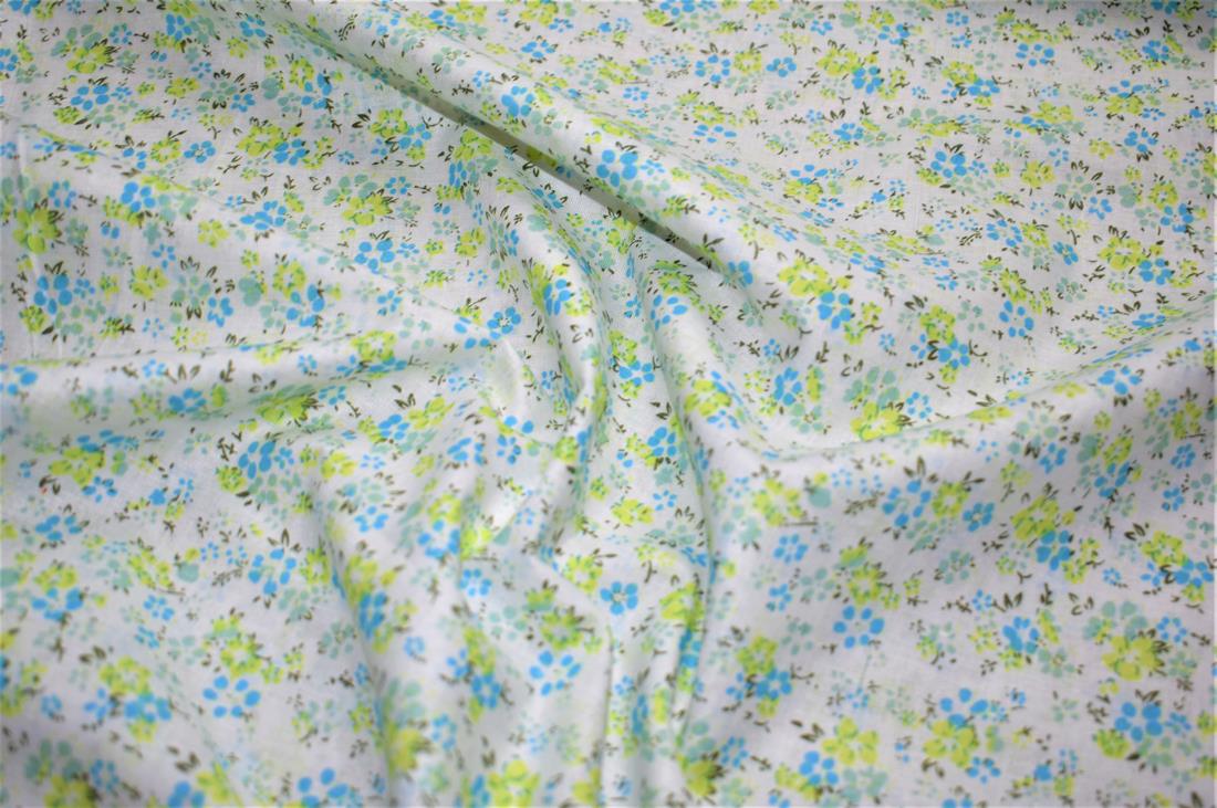 White & Blue Flower Print Cotton Poplin Fabric