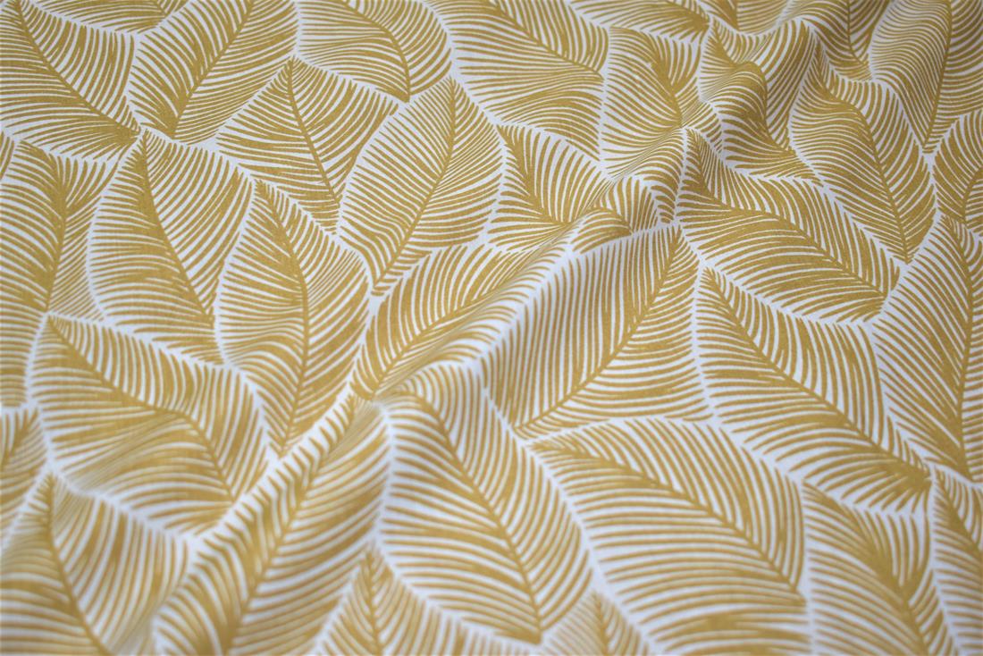 Beige Leaves Print Cotton Poplin Fabric