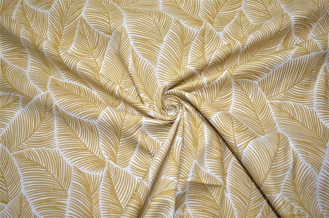 Beige Leaves Print Cotton Poplin Fabric